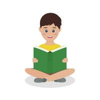 souriant garçon séance avec livre dans le sien mains. international l'alphabétisation ou monde livre en train de lire journée. éducation, connaissance, étude concept. plat vecteur illustration