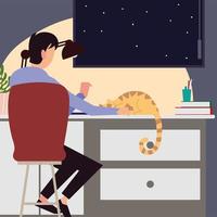 femme avec un chat au bureau avec vue sur la scène de nuit de la fenêtre vecteur