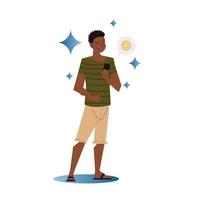 mec afro-américain utilisant un smartphone envoyant des emoji vecteur
