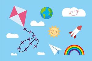 cerf-volant jouet pour enfants, fusée, avion en papier, nuages arc-en-ciel vecteur