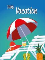 voyage vacances d'été, chaise longue parapluie cocktail et ananas vecteur