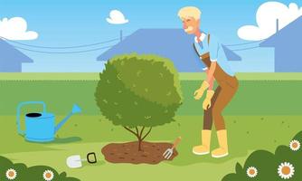 dessin animé homme jardinier avec arbre et arrosoir dessin vectoriel