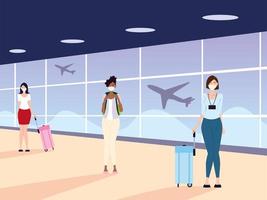 aéroport nouvelle normalité, femmes avec masques et distanciation physique vecteur