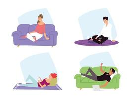 jeunes se reposant ou allongés sur le canapé et le sol, activités d'intérieur vecteur