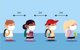 retour à l'école, les étudiants portant un masque facial restent à distance vecteur
