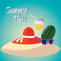 voyage de vacances d'été, lunettes de soleil pastèque chapeau femme et cocktail à la plage vecteur