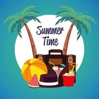 voyage de vacances d'été, cocktail de valise de palmiers et étiquette de seau vecteur