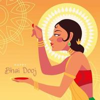 heureux bhai dooj et dessin animé de femme indienne avec un dessin vectoriel de bol