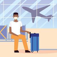 aéroport nouveau normal, homme afro-américain avec masque et valise assis en attente vecteur