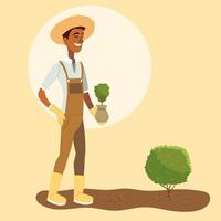 caricature d'homme de jardinier avec un dessin vectoriel global de plantes et d'arbustes