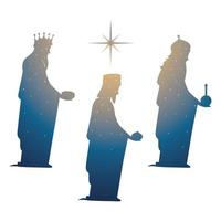 nativité, silhouette dégradée trois rois sages avec cadeaux étoile brillante vecteur