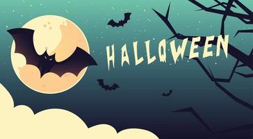 chauves-souris d'halloween heureuses avec un dessin vectoriel de lune et d'arbre