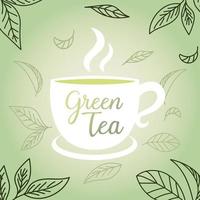 thé vert avec une tasse et des feuilles de conception vectorielle vecteur