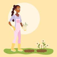 dessin animé femme jardinier avec conception de vecteur de seau global et fleurs