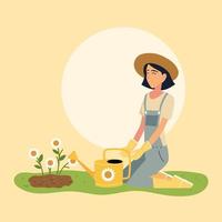 dessin animé de femme de jardinier avec des fleurs globales et un arrosoir dessin vectoriel