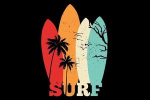t-shirt planche de surf arbres style rétro vecteur