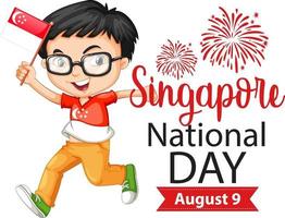 la fête nationale de singapour avec un garçon tient le personnage de dessin animé du drapeau de singapour vecteur