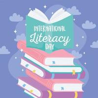 journée internationale de l'alphabétisation, manuel sur pile de livres littérature éducative vecteur
