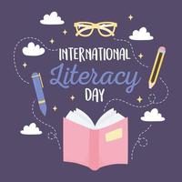 journée internationale de l'alphabétisation, livre ouvert stylo crayon lunettes éducatives vecteur