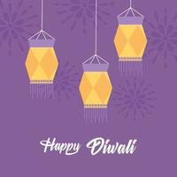 joyeux festival de diwali, pendaison de lampes traditionnelles décoration mandalas fond violet, dessin vectoriel