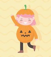 joyeux halloween, astuce ou friandise de personnage de costume de citrouille de petite fille mignonne, célébration de la fête vecteur