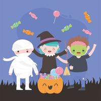 joyeux halloween, personnages de costumes zombie momie sorcière avec citrouille et bonbons, truc ou friandise, célébration de la fête vecteur