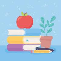 bonne fête des enseignants, pomme sur les livres stylo crayon et dessin animé végétal vecteur