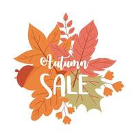 vente d'automne, décoration de feuilles de calligraphie dessinée à la main, vente d'achats ou affiche promotionnelle vecteur