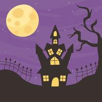 joyeux halloween, arbre de lune de nuit de château et tour de clôture ou célébration de fête vecteur