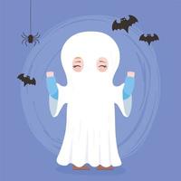 joyeux halloween, personnage de costume fantôme mignon et truc ou friandise de chauves-souris, célébration de la fête vecteur