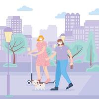 personnes avec masque médical, femme faisant du scooter et fille marchant avec un chien dans la rue du parc, activité de la ville pendant le coronavirus vecteur