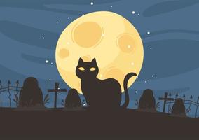 joyeux halloween, les pierres tombales du cimetière des chats noirs traversent la nuit lune tour ou traite la fête vecteur