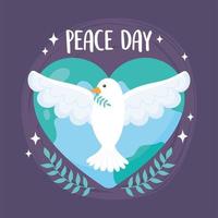 colombe de la journée internationale de la paix avec un coeur en forme de branche mondiale vecteur