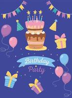 joyeux anniversaire, gâteau bougies ballons cadeaux fanions décoration fête carte vecteur