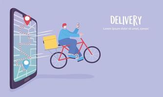 service de livraison en ligne, homme à vélo, application sur smartphone suivi, transport rapide et gratuit, vecteur