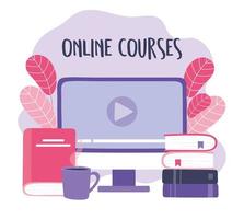formation en ligne, livres vidéo sur ordinateur et tasse à café, cours de développement des connaissances à l'aide d'Internet vecteur