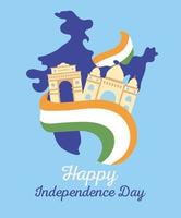 joyeux jour de l'indépendance de l'inde, carte drapeau et monuments célèbres vecteur