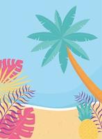 bonjour été, feuilles tropicales feuillage palmier mer plage vecteur