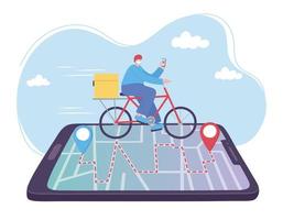 service de livraison en ligne, homme faisant du vélo sur le suivi d'un smartphone, transport rapide et gratuit, expédition des commandes, site Web de l'application vecteur