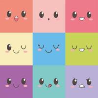 Kawaii visages expression dessin animé émoticône ensemble de couleurs carrées vecteur