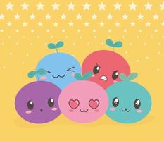 Kawaii fruits drôles d'expression de dessin animé de visages différents vecteur