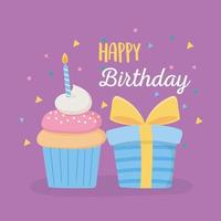 joyeux anniversaire, coffret cadeau cupcake sucré avec célébration aux bougies vecteur