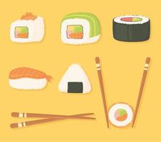 les icônes de temps de sushi définissent des baguettes et différents aliments de sushi vecteur