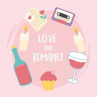 message de vin cupcake et bougies amour et romance en style cartoon vecteur