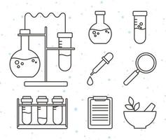 Icônes d'échantillons de laboratoire d'enseignement des sciences de la chimie, style de ligne vecteur