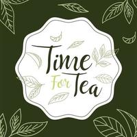 temps pour le thé avec des feuilles dans la conception de vecteur de timbre joint