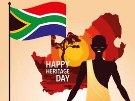 bonne fête du patrimoine avec personne afro et drapeau de l'afrique du sud en arrière-plan vecteur