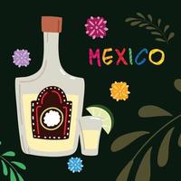 étiquette mexique avec bouteille de tequila, boisson mexicaine traditionnelle vecteur