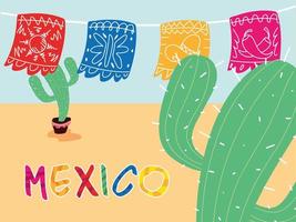 étiquette mexique avec guirlandes décoratives et cactus vecteur