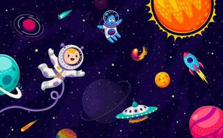 dessin animé enfant astronaute, extraterrestre et fusée à galaxie vecteur